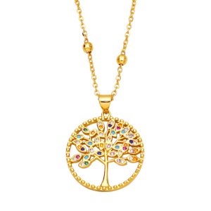 Collier JOUVENCE, pendentif arbre serti de superbes zircons de couleurs et sa chaine, tous deux en titane trempé or jaune. Collection JARDIN SECRET, AIFEE Jewelry, bijoux fins.